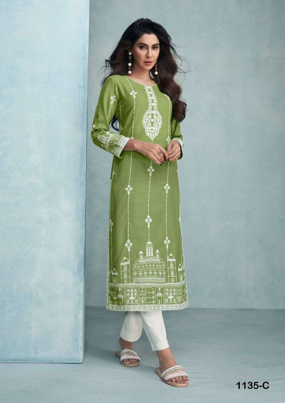 ROOH VOL 6 DARK COLOR PURE REYON VISCOS LAKHNAWI WORK KURTI WITH PANT BY VAMIKA BRAND 1135 C